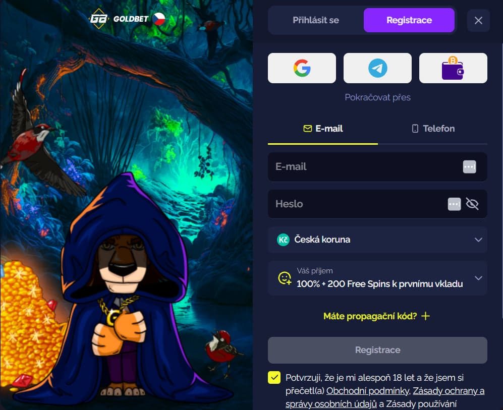 Registrace účtu na herní platformě GoldBet casino online image 1